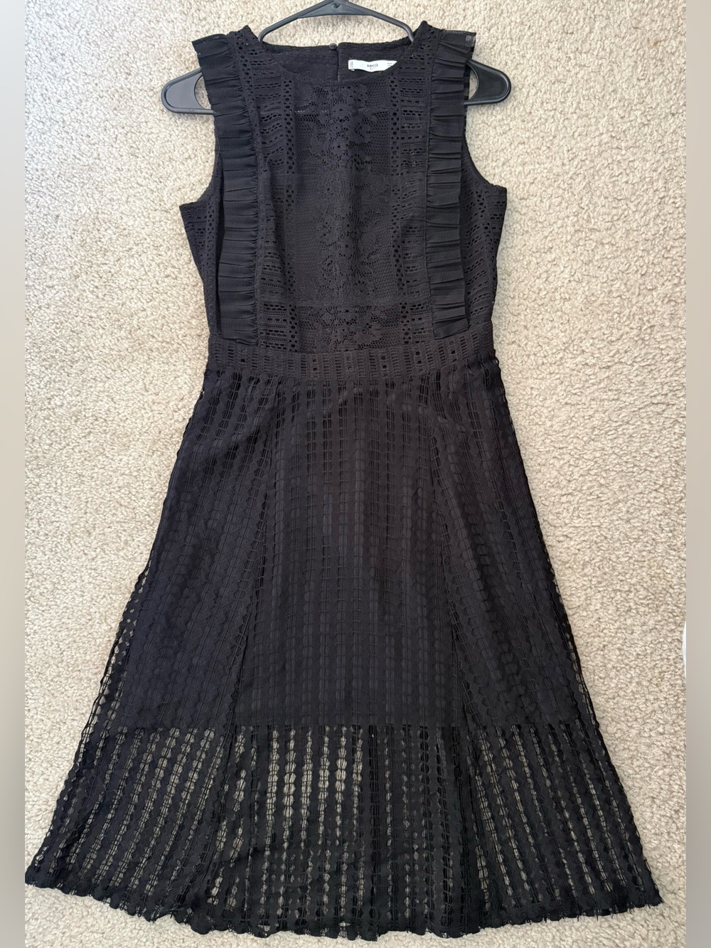 Mango Suit Black Lace Midi Dress XS Ruffle Sleeveless Fit & Flare